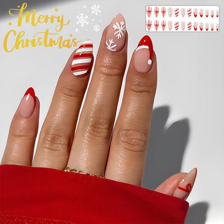 24pcs Christmas False Nails Hat Striped Snowflake Nail Art Stickers For Parties Dances Or Holiday Wear - #nabisa#