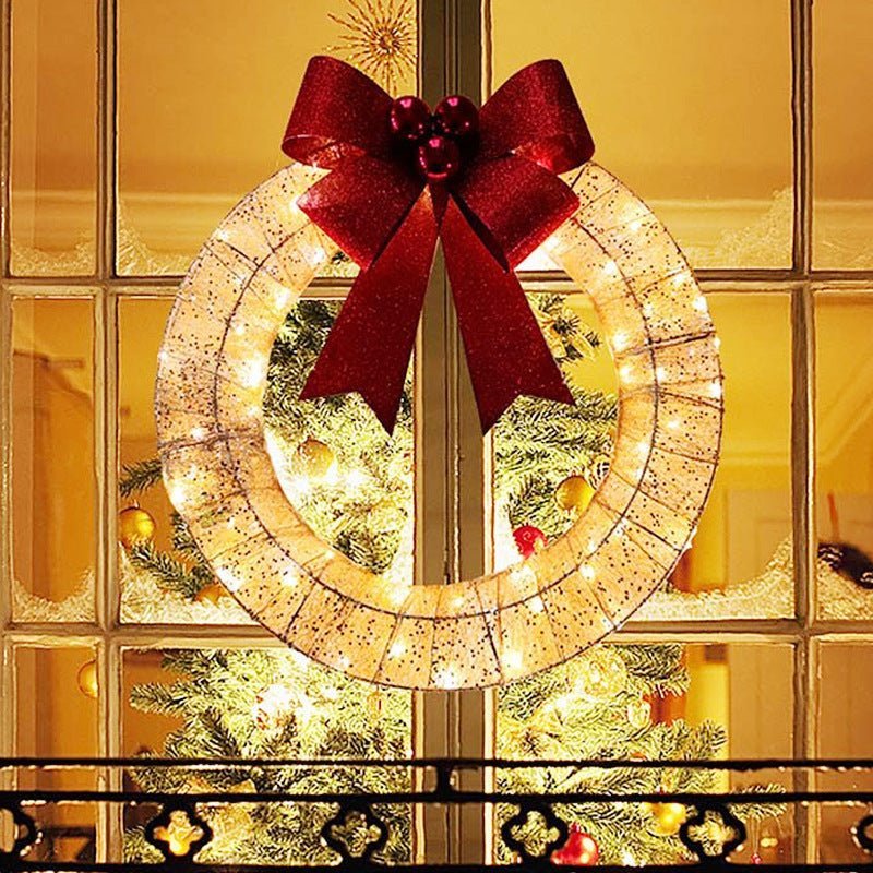 Christmas Garland 50CM Luminous LED Warm Light Metal Luminous Wreath With Big Bowknot Christmas Front Door Home Holiday Party Door Hanging Decor - #nabisa#